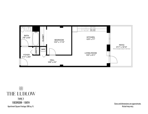 Floor plan for 1 bed, 1 bath, 663 sqft